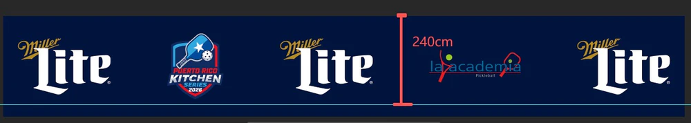 Artwork layout for a navy pickleball court fence banner with repeating sponsor logos